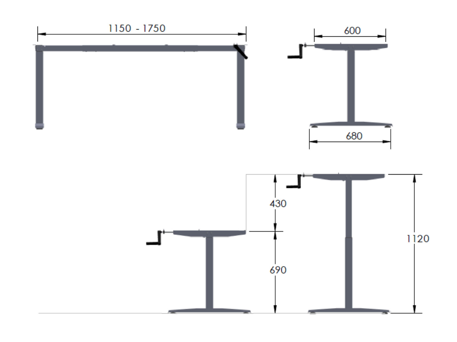 Crank Type Free Standing Height Adjustable Table Dimension